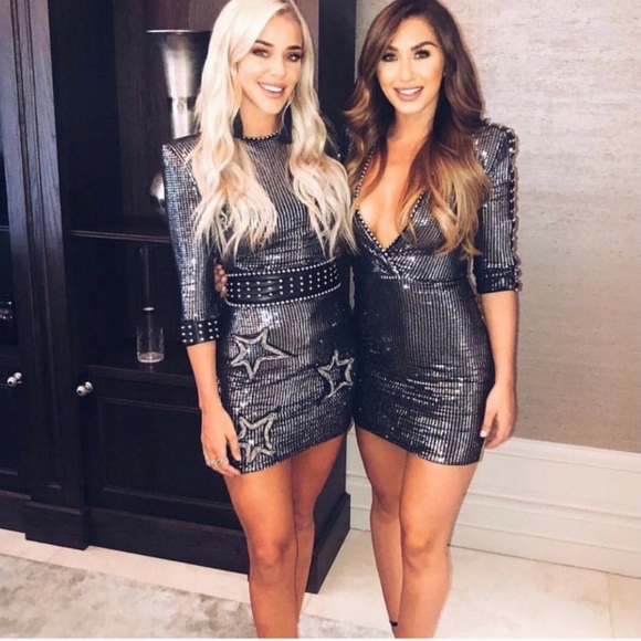 Nadine Merabi Katia Sequin Studded Plunging Mini Dress Silver Black Small - Picture 4 of 16